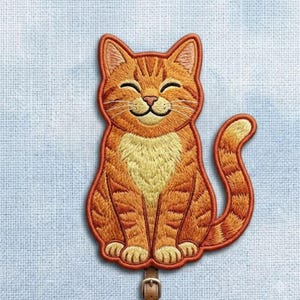 May include: An embroidered patch shaped like a sitting orange tabby cat with a cream-colored chest and belly. The cat has closed eyes, a small pink nose, and a curved tail. A small brown leather-like strap with a metal buckle is attached at the base.