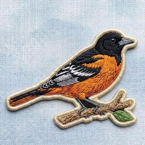 Baltimore Oriole Embroidered Patch, Orange Black Bird Iron On Patch, Woodland Wildlife Sew On Applique, Nature Jacket Backpack Hat Badge