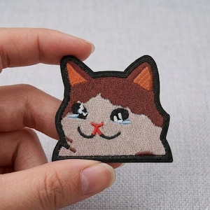 May include: Embroidered patch featuring a cartoon cat with a sad expression. The cat has brown and white fur, orange ears, and a black outline. The cat is crying, with blue tears. The patch is held by a hand.