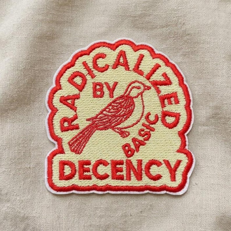 Écusson radicalisé par la décence basique, écusson brodé oiseau politique drôle, écusson militant justice sociale pour veste chapeau sac à dos image 1
