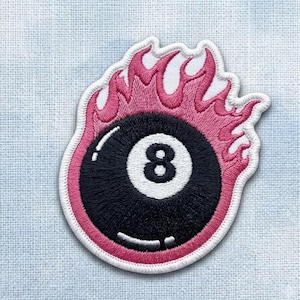 Flaming 8 Ball Embroidered Patch, Retro Billiards Iron On Patch, Pink Flame Pool Ball Applique for Jacket Backpack