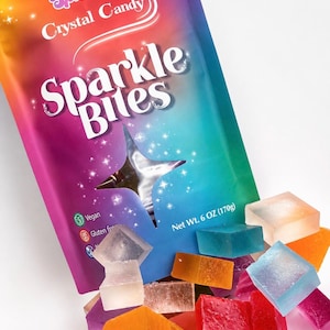 May include: A colorful pouch labeled Sparkles Crystal Candy and Sparkle Bites with a net weight of 6 oz. The pouch features a gradient design and a star-shaped window, with several translucent, multi-colored, square-shaped candies spilled out.