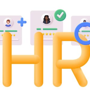 May include: A 3D illustration featuring the letters "HR" in orange, with a blue magnifying glass. Background elements include profile icons, checkmarks, and star ratings, suggesting human resources or recruitment.