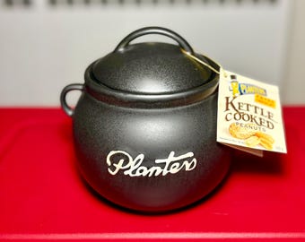Tarro de cerámica promocional de Planters Peanuts de la década de 1970 con etiqueta original.