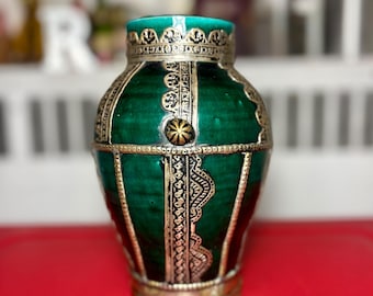 Vintage Moroccan Vase with Intricate Silver Filigree Overlay