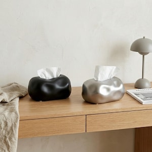 May include: Two decorative tissue box covers. One is black, the other is silver. Both have an organic, rounded shape with a tissue emerging from the top. They sit on a wooden desk next to a small lamp.