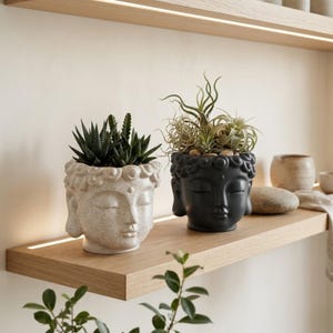 Pode incluir: Duas floreiras em forma de cabeça de Buda, uma bege salpicada e outra preta fosca, cada uma preenchida com vegetação. A floreira bege contém uma suculenta, enquanto a preta apresenta plantas aéreas. Ambas estão em uma prateleira de madeira.
