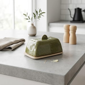 Op de afbeelding: Een groene keramische botervloot met een houten basis en een kleine knop bovenop. De schaal staat op een grijze aanrecht naast een gevouwen beige doek, een kleine vaas met groen en twee houten zout- en pepermolens.