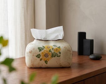 Caja de pañuelos de cerámica con diseño de girasol pintado a mano / Tapa floral rústica con esmalte craquelado