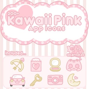 Op de afbeelding: Een verzameling Kawaii Pink app-iconen, gepresenteerd met een wolk-vormig ontwerp en de tekst "200+ Kawaii Pink App Icons". De afbeelding bevat iconen zoals een pijl en boog, een hartvormige tas, een compacte spiegel, een auto, een sleutel, een camera en een maan.