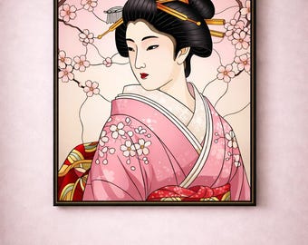 Rompecabezas de belleza de kimono japonés, arte de sakura en vitrales