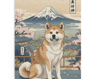 Rompecabezas de perro Akita / Arte japonés Ukiyo-e con el monte Fuji