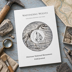 Puede incluir: Un diario de campo blanco titulado Wayfinding Wolves Exploring Beyond the Stars y Dinosaur National Monument Field Journal. La portada presenta una ilustración circular de un esqueleto de dinosaurio y un lobo aullando dentro de una luna creciente con W+W.