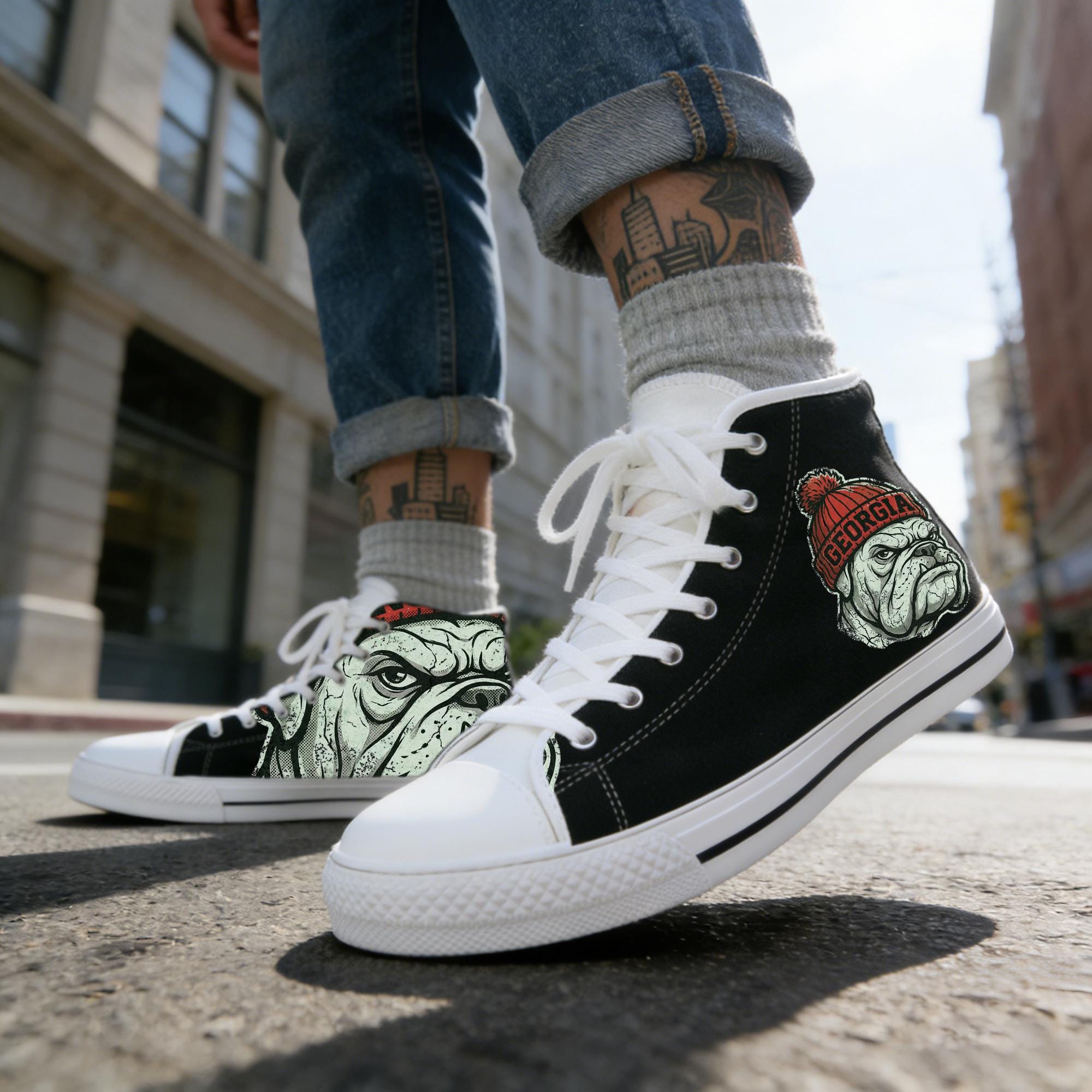 Zapatillas de lona Georgia Bulldog de caña alta, zapatillas Bulldog de la colección Spirit Animal City, zapatillas de calle Bulldog vintage, zapatilla