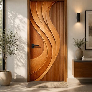 Massiv Teak Holz Wellentür Tür | CNC geschnitzte Luxus-Innenraumtür