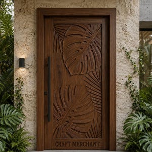 Solid Teak Wood Door | Hand Carved Tropical Leaf Exterior Entry Door