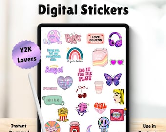 May include: A digital tablet displaying a collection of colorful digital stickers with Y2K-inspired designs. The stickers include phrases, graphics, and illustrations. The tablet is accompanied by a stylus and the text "Digital Stickers".