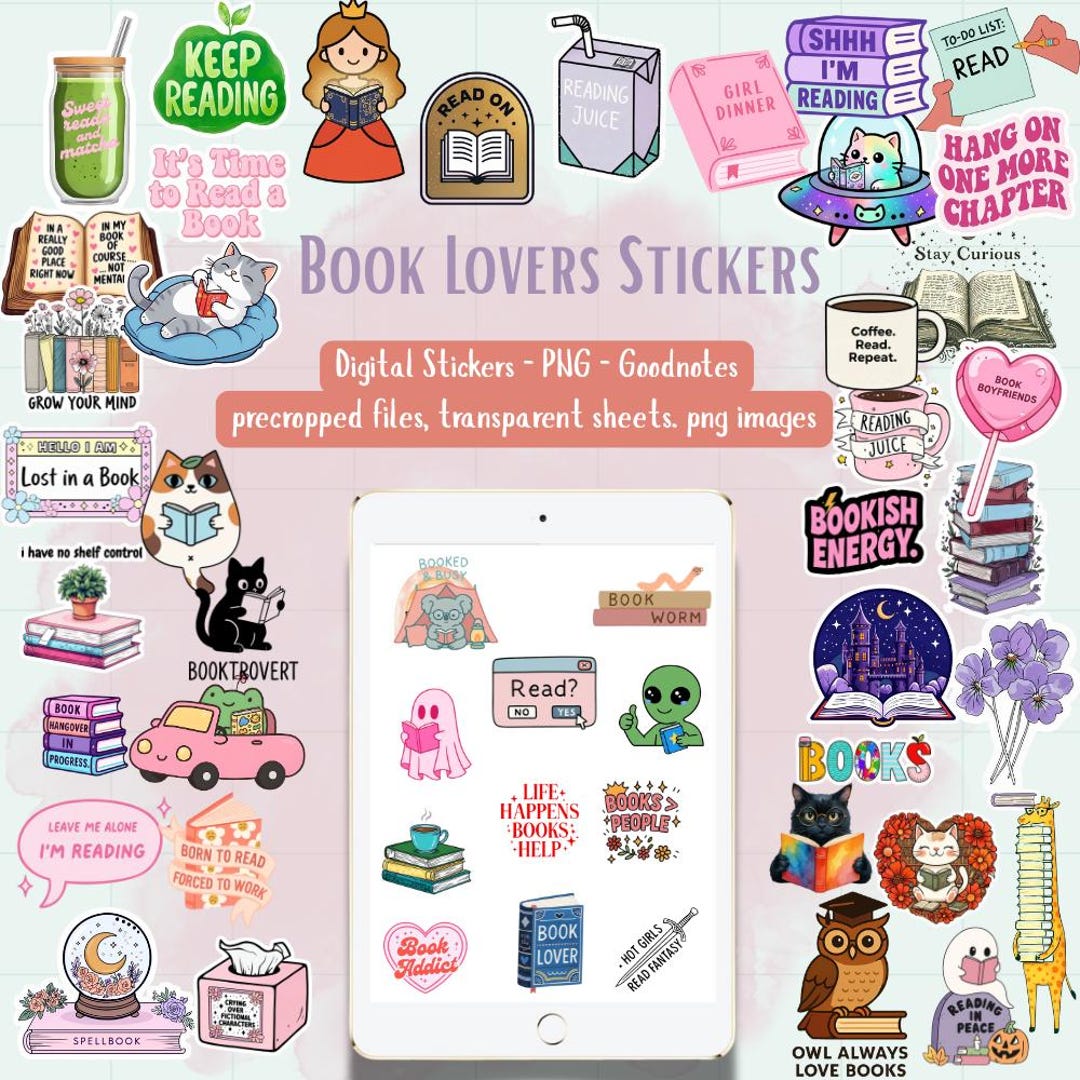 Bookish Digital Sticker Pack, Bookworm Digital Stickers, Book Lover ...