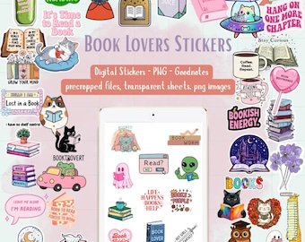Pacchetto di adesivi digitali Bookish, adesivi digitali Bookworm, clipart per amanti dei libri, lettura di Goodnotes PNG, adesivi per la lettura digitale, Booktok