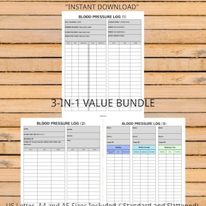 May include: A bundle of three printable blood pressure log templates. The templates include sections for daily readings, medication times, and weekly averages. The text "INSTANT DOWNLOAD" and "3-IN-1 VALUE BUNDLE" are visible. The bundle includes US Letter, A4, and A5 sizes.