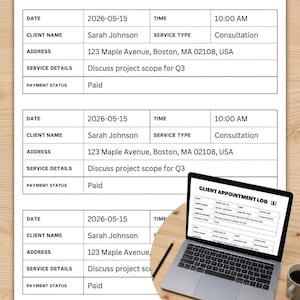 以下が含まれることがあります： 「CLIENT APPOINTMENT LOG (1)」というタイトルの、印刷された顧客予約ログ。日付、時間、顧客名、サービスの種類、住所、サービスの詳細、支払い状況のフィールドが含まれています。ラップトップには同じログが表示されています。下部のテキストは「For Freelancers & Small Businesses」と書かれています。