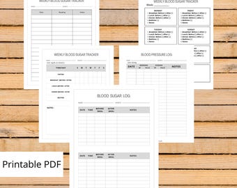 Ultimate Health Tracker-bundel, 5-in-1 bloedsuikerlogboek, wekelijkse bloeddrukgrafiek, diabetesmedicatieroutine, afdrukbare Amerikaanse brief