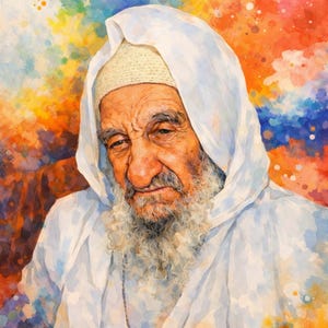 Può includere: Ritratto ad acquerello di un uomo anziano con una lunga barba bianca, che indossa un turbante e una veste bianchi. Lo sfondo è una miscela colorata di blu, arancione, giallo e verde, che crea un effetto artistico vibrante.