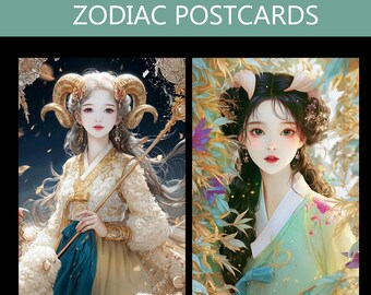 Korean Hanbok Zodiac Postcard, 12 Constellations Digital Print, Celestial Astrology Stationery, Printable Cards