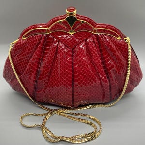 Vintage Judith Leiber Red Snakeskin Clutch • 1980s Art Deco Evening Bag with Gemstone Clasp • Convertible Shoulder Purse with Gold Chain