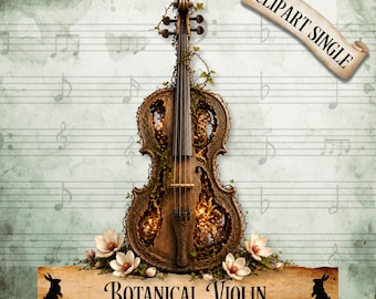 Botanische Geige Clipart Single, Vintage Musikinstrument, Steampunk Magnolie Blumenorchester Design (digitaler Download)