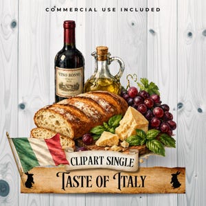 May include: An illustration of Italian food, including a bottle of Vino Rosso, a loaf of bread, grapes, cheese, and olive oil. An Italian flag and the text "Taste of Italy" are also present.