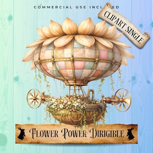 Imágenes prediseñadas de dirigible Flower Power, dirigible Cottagecore Patchwork, estilo Steampunk Floral, PNG de alta resolución (descarga digital)