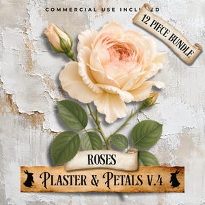 May include: A digital graphic featuring a pale peach rose with green leaves and a bud, set against a textured plaster background. The image includes banners with the text "COMMERCIAL USE INCLUDED", "12 PIECE BUNDLE", "ROSES", and "PLASTER & PETALS V.4".