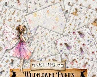 Wildflower Fairies Digital Papers, Floral Watercolor Backdrops, Cottagecore Junk Journaling, 12x12 Scrapbooking JPG Prints