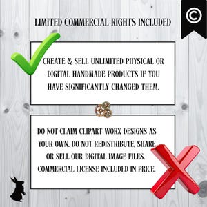 May include: Image with text: "LIMITED COMMERCIAL RIGHTS INCLUDED." Text continues, "CREATE & SELL UNLIMITED PHYSICAL OR DIGITAL HANDMADE PRODUCTS IF YOU HAVE SIGNIFICANTLY CHANGED THEM." Includes a green checkmark and a red X.