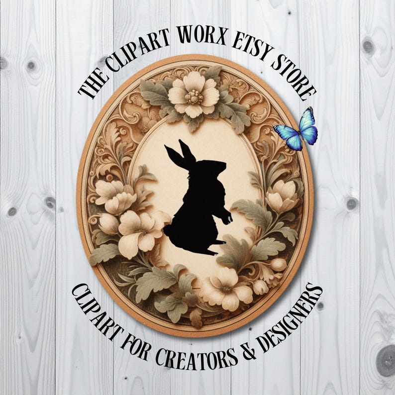 May include: An oval-shaped wooden design with a black rabbit silhouette in the center, surrounded by floral carvings. The text "THE CLIPART WORX ETSY STORE" and "CLIPART FOR CREATORS & DESIGNERS" are displayed. A blue butterfly is on the right.