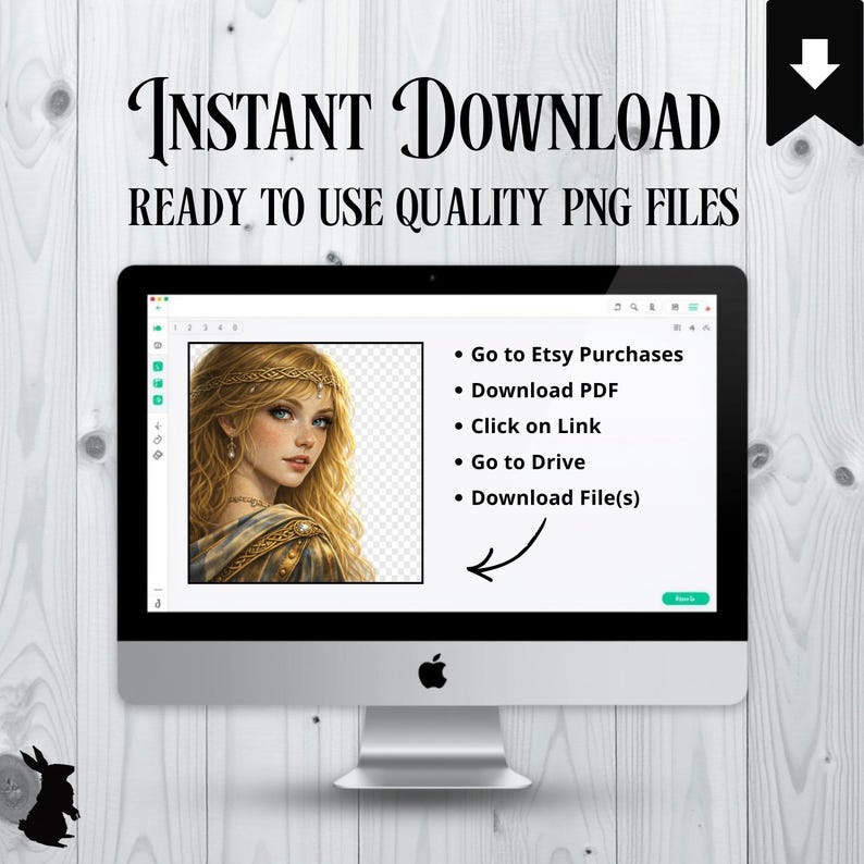 May include: A computer monitor displays a digital art image of a woman with long blonde hair and a gold headpiece. The screen also shows instructions for downloading files. The text "INSTANT DOWNLOAD" and "READY TO USE QUALITY PNG FILES" is at the top.
