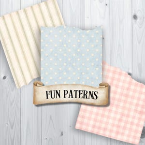 May include: Four patterned paper sheets with torn edges. The patterns include stripes, polka dots, and gingham in pastel colors. A banner with the text "FUN PATTERNS" is at the bottom.