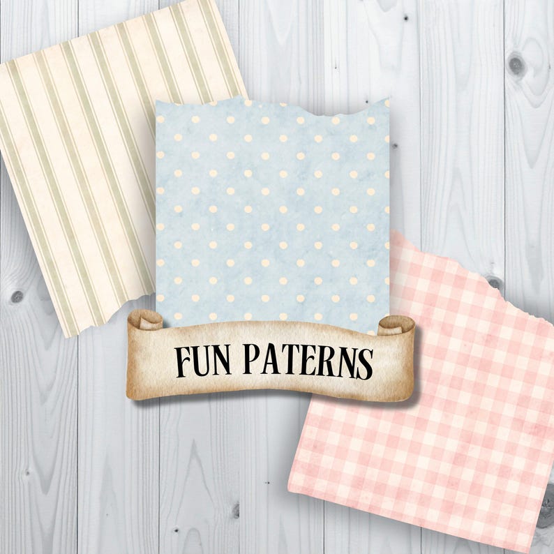 May include: Four patterned paper sheets with torn edges. The patterns include stripes, polka dots, and gingham in pastel colors. A banner with the text "FUN PATTERNS" is at the bottom.