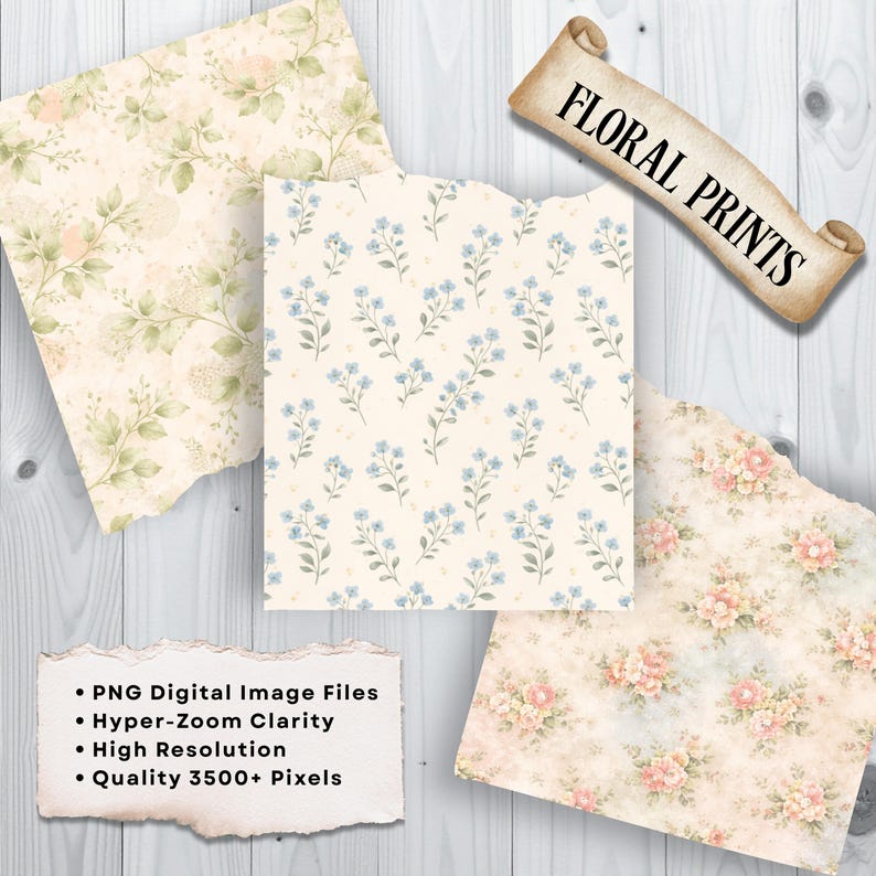 May include: A collection of floral print digital image files. The prints feature various designs, including delicate blue flowers, roses, and other botanical patterns. The image also includes the text "FLORAL PRINTS", "PNG Digital Image Files", "Hyper-Zoom Clarity", "High Resolution", and "Quality 3500+ Pixels".