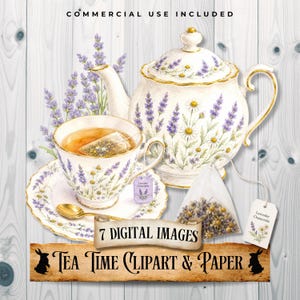 Könnte beinhalten: Aquarell-Illustration eines Teeservices mit Teekanne, Tasse, Untertasse und Löffel. Das Set ist mit Lavendel- und Gänseblümchenmustern verziert. Das Bild enthält einen Teebeutel und den Text "7 DIGITAL IMAGES Tea Time Clipart & Paper".