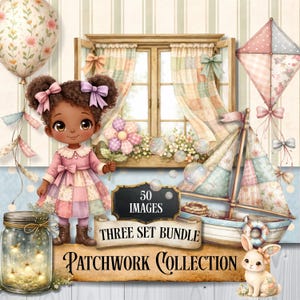 May include: A digital illustration featuring a doll in a patchwork dress, a sailboat, a kite, and a jar with fireflies. The image has a vintage aesthetic with soft pastel colors and the text "Patchwork Collection".
