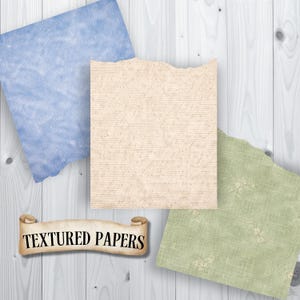 May include: An assortment of textured papers in blue, beige, and green, with torn edges. The papers are arranged on a light wood surface. A scroll banner at the bottom reads "TEXTURED PAPERS".