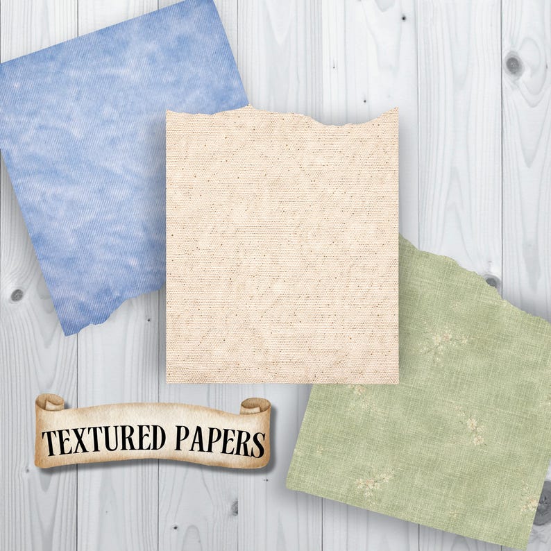 May include: An assortment of textured papers in blue, beige, and green, with torn edges. The papers are arranged on a light wood surface. A scroll banner at the bottom reads "TEXTURED PAPERS".