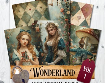 Vintage Wonderland Junk Journal Pages Collection, Victorian Alice, Digital Download, Printable Papers