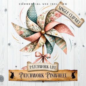 Puede incluir: Un diseño de molinillo de acuarela con patrones florales y de lunares en colores pastel. El molinillo tiene un centro dorado y está montado en un palo de madera con un lazo rosa. El texto incluye "Patchwork Life" y "Patchwork Pinwheel".
