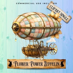 Clipart "Flower Power Zeppelin", Sterowiec Cottagecore Patchwork, Obraz w wysokiej rozdzielczości w stylu steampunk z motywem kwiatowym (pobranie cyfrowe)