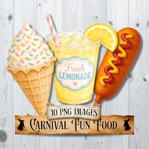 Pode incluir: Ilustração em aquarela de comida de carnaval, incluindo um cone de sorvete com granulado, um copo de limonada fresca com uma fatia de limão e um cachorro-quente com mostarda e ketchup. O texto "Fresh Lemonade" e "Carnival Fun Food" está incluído.