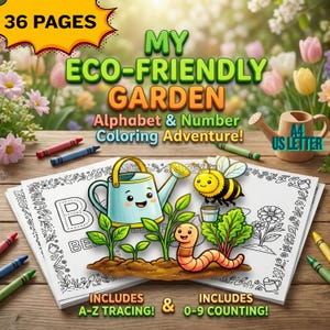 Può includere: Un libro da colorare per bambini intitolato "My Eco-Friendly Garden" con il testo "Alphabet & Number Coloring Adventure!". La copertina presenta un annaffiatoio, un'ape e un verme. Include tracciamento A-Z e conteggio 0-9. Il libro ha 36 pagine ed è in formato A4.