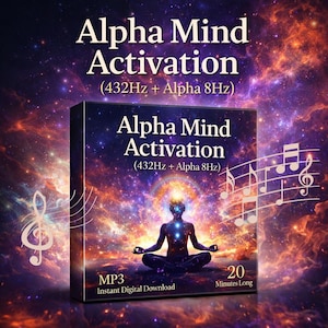 Puede incluir: Una caja de producto de descarga digital titulada "Alpha Mind Activation" con el texto "(432Hz + Alpha 8Hz)". La imagen presenta una figura meditando con un aura brillante, notas musicales y el texto "MP3 Instant Digital Download" y "20 Minutes Long".